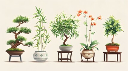 Fototapeta premium Zen Retreat Tranquil Collection of Bonsai Bamboo and Orchid in Ceramic Pots and Wooden Stands
