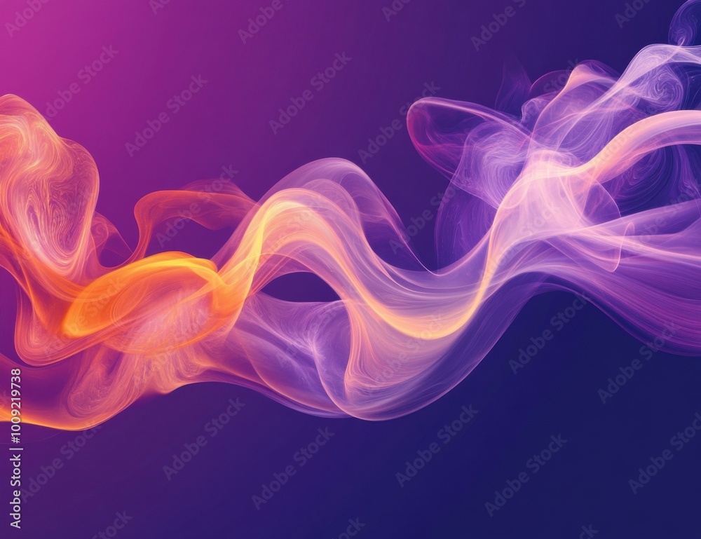Poster A purple background with colorful orange and yellow smoke waves, creating an abstract and dynamic visual effect.