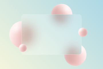 Website landing page template in glass morphism style. Frosted glass partition with floating spheres.