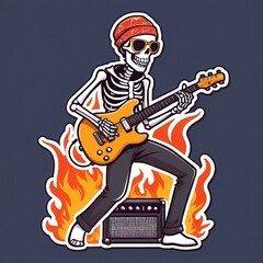 Fototapeta premium A skeleton with flames on its head and wearing sunglasses plays an electric guitar in front of an amplifier, surrounded by fire, capturing the heat and energy of a rock performance