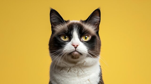 Playful cat portrait on vibrant yellow background, showcasing its unique facial features.