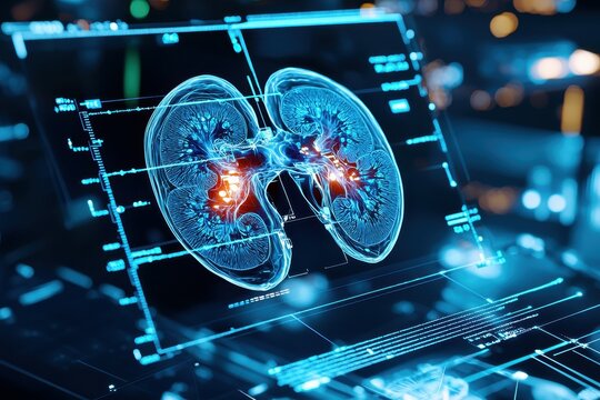 A digital rendering of a human kidney displayed on a computer screen.