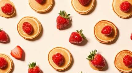 Fototapeta premium Pancakes with strawberries on pastel cream background, top view. Pattern with pancakes and fresh strawberries, minimal flat lay style.