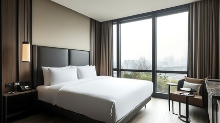 Fototapeta premium Modern Hotel Room with City View and King Size Bed