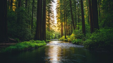 Obraz premium Sunlight Filtering Through Redwood Trees