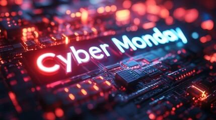 Cyber Monday design with glowing text on a vibrant circuit board background