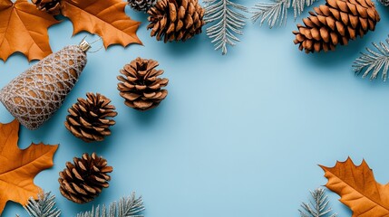Fototapeta premium A festive arrangement showcases silver snowflakes, ornaments, and pinecones against a vibrant blue backdrop, creating a perfect setting for holiday greetings and seasonal decor.