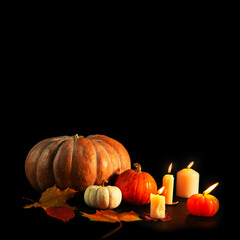 Several pumpkins, autumn leaves and burning candles on a black background.