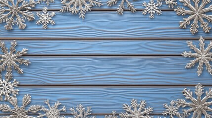 A festive arrangement showcases silver snowflakes, ornaments, and pinecones against a vibrant blue backdrop, creating a perfect setting for holiday greetings and seasonal decor.