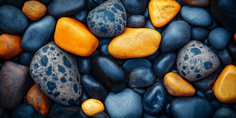 vivid collection of smooth and patterned colorful rocks in striking blue and yellow tones. Generative AI