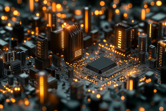 glowing microchip metropolis with golden circuitry and futuristic sci-fi atmosphere. Generative AI
