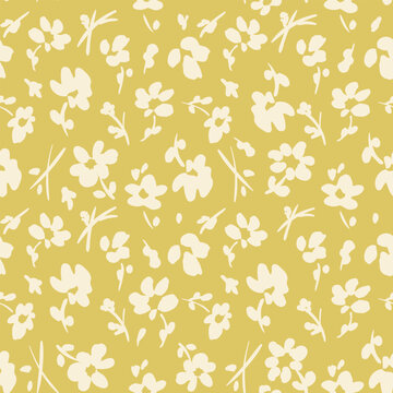 All over vector seamless repeat pattern with cream ditsy tossed flowers on golden mustard background. Versatile simple cottage everyday ditsy floral backdrop in golden honey mustard fall colors.