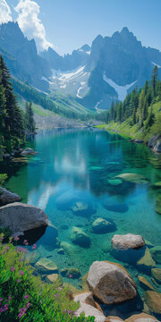 serene alpine lake reflecting towering peaks and lush forests in a vibrant natural paradise. Generative AI