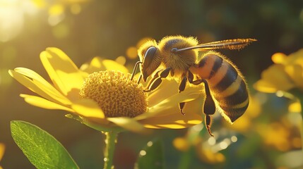 Bee on flower in sunlight, vibrant nature scene