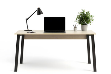 Modern wooden office desk with modern laptop computer isolated on white background