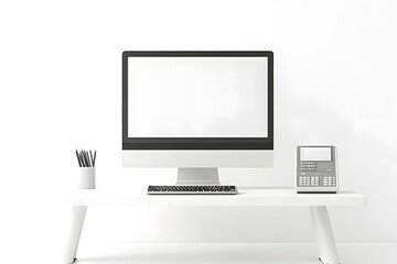 Fototapeta premium Modern wooden office desk with modern laptop computer isolated on white background