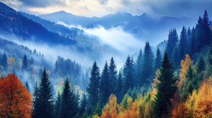 Beautiful Misty Mountain Landscape with Foggy Forest in Autumn Background and Blue Hue, Serene Nature Scene