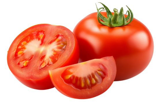 Ripe raw organic tomato, die cut transparent PNG.