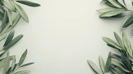 Summer stationery blank business card mockup scene Horizontal greeting card with blooming green olive tree leaves branch isolated on white table background Mediterranean flat lay top v : Generative A