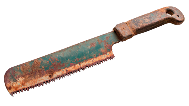 An aged hand saw resting on a worn surface showcasing craftsmanship through time, on the transparent background. PNG Format