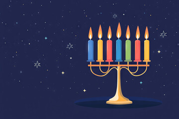 Fototapeta premium Illustration of a menorah with colorful lit candles, set against a dark night sky filled with stars, symbolizing the Hanukkah celebration. 