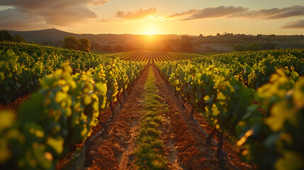 Fototapeta premium A scenic view of a vineyard at sunset, featuring rows of grapevines under a golden sky, highlighting summer growth and agriculture