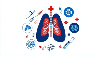 Medical illustration of human lungs with various medical symbols.