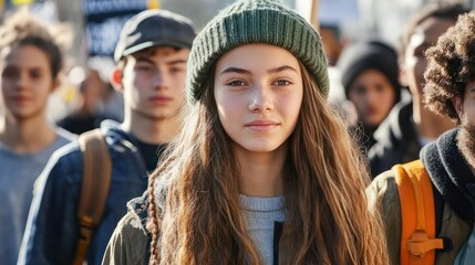 teenagers protest looking at the camera while leading a march. Group of multicultural youth activists protesting against global warming inequality, for peace, rising prices joining the climate strike