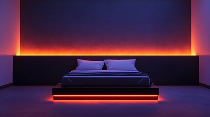 A Minimalist Bedroom with Orange LED Lights and a Black Bed