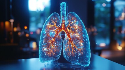 Obraz premium A 3D model of human lungs with glowing veins, illuminated by a soft blue light.