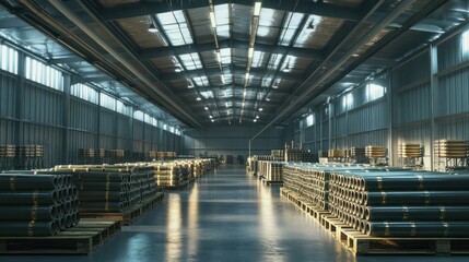 Naklejka premium The defense industry. Export of ammunition and weapons. A large warehouse of artillery shells of the center for completing defense systems.