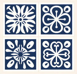 Blue floral tiles ornament. Traditional mosaic Portuguese azulejo motifs. Vintage Floor Tile geometric design with ornamental element
