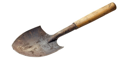 Old-fashioned garden spade resting on a clean white background in soft light, on the transparent background. PNG Format