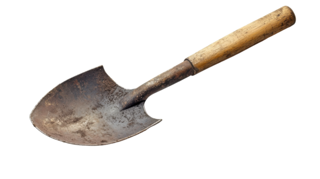 Old-fashioned garden spade resting on a clean white background in soft light, on the transparent background. PNG Format