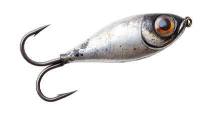 A shiny fishing lure lying on a soft surface under bright daylight, on the transparent background. PNG Format