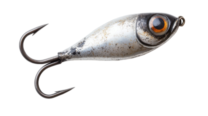 A shiny fishing lure lying on a soft surface under bright daylight, on the transparent background. PNG Format