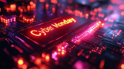 Glow of Cyber Monday sales on a circuit board illuminated by bright red lights and technology