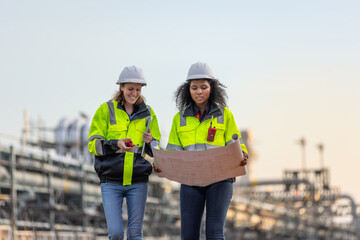 Two Engineers Reviewing Blueprint Plans at Industrial Facility, Wearing Safety Helmets and High-Visibility Jackets During a Site Inspection