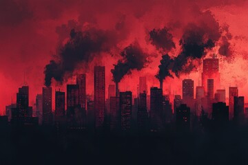 Urban skyline shrouded in red and smoke