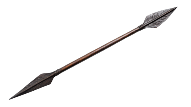 Artfully crafted traditional spear showcasing intricate detailing, resting on a white surface, on the transparent background. PNG Format