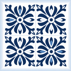 Fototapeta premium Blue floral tiles ornament. Traditional mosaic Portuguese azulejo motifs. Vintage Floor Tile geometric design with ornamental element
