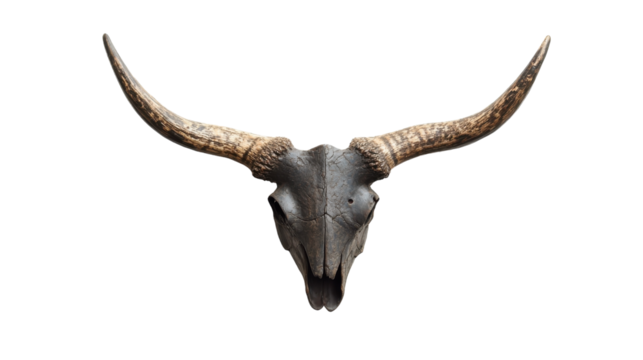 Decorative bull skull mounted on a pristine white wall in an artistic showcase, on the transparent background. PNG Format