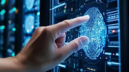 A hand scans a fingerprint on a computer screen, with server racks in the background. - Powered by Adobe