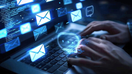 Close-up of a hand on a keyboard with a futuristic, circled mail icon in the foreground