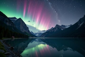 The aurora borealis reflects in a lake surrounded by mountains