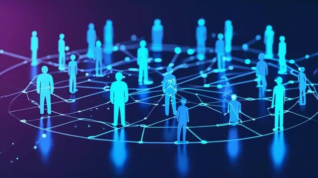 Abstract blue people connected by lines forming a network on a dark background.