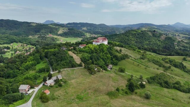 The old castle - Veliki Tabor - aerial shot, flying towards the castle