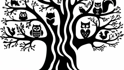 Silhouette of Tree with Branches Full of Owls and Squirrels, Nature Themed Black White Design, Forest Wildlife Artwork Decorative Wildlife Silhouette Woodland Creatures Illustration for Art Projects