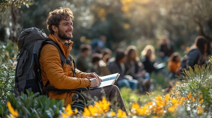 Smiling young man in a wheelchair, enjoying the outdoors during a group gathering in a sunny park.