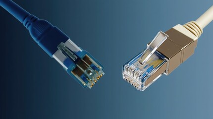 Close-up of two RJ45 Ethernet cables on blue background
